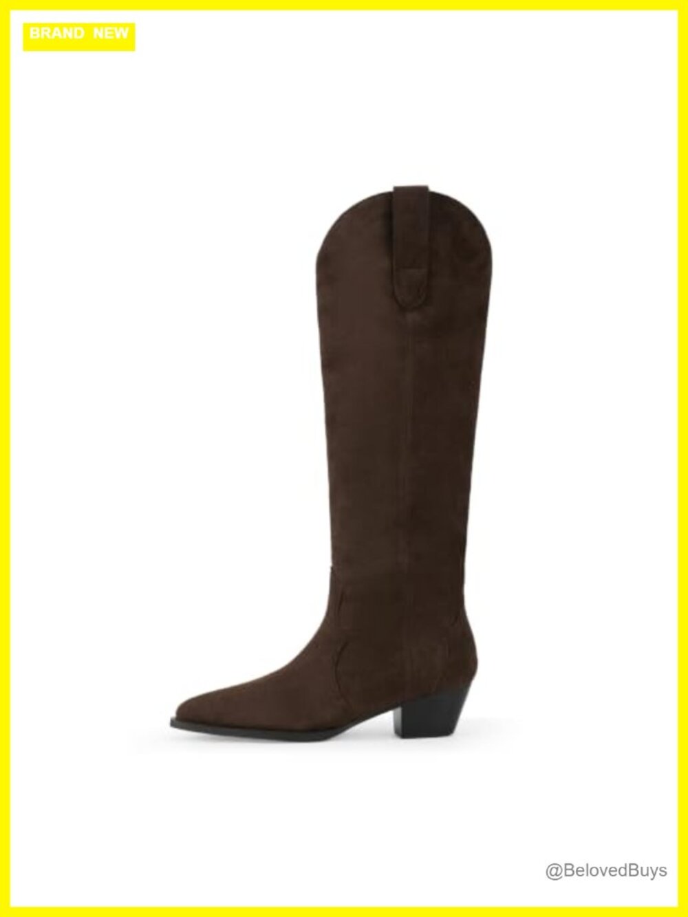 Faux Suede Knee High Cowboy Boots Pointed Toe Chunky Heel Pull On Women